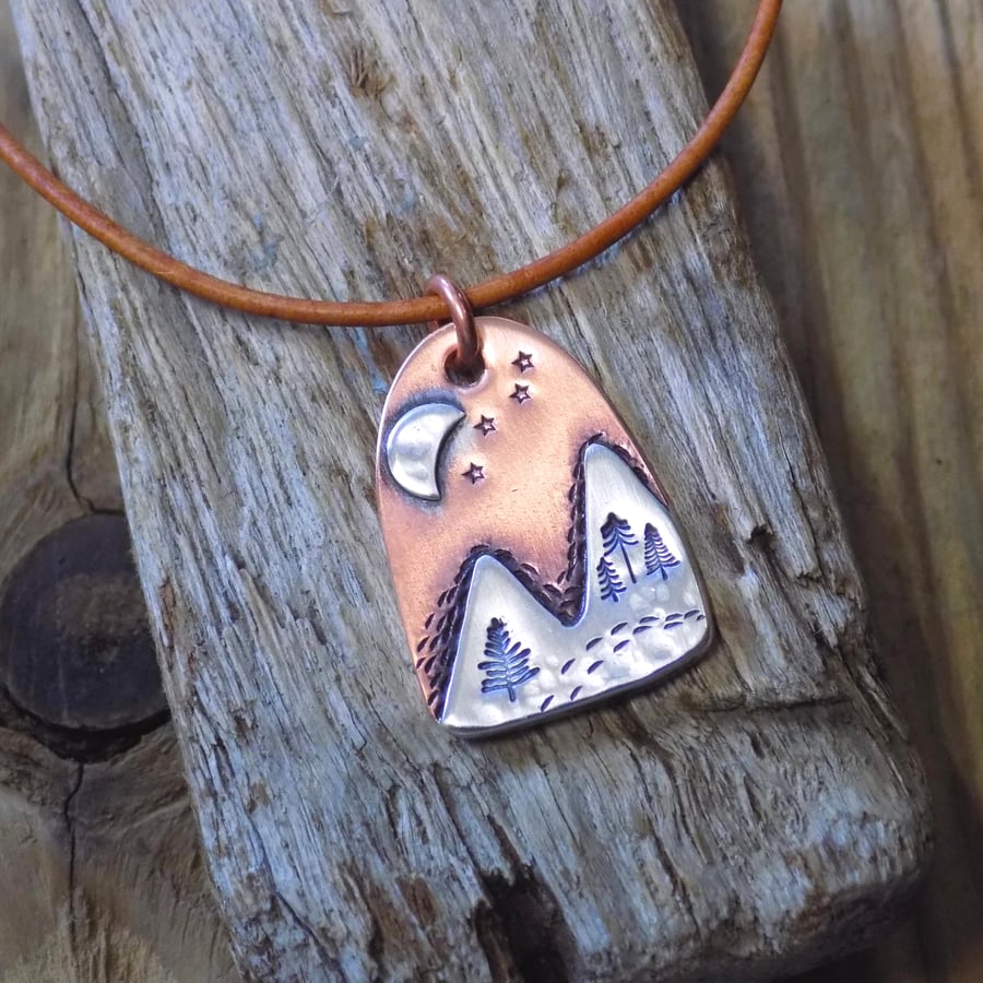Copper and silver whimsy 'mountain path' mixed metals scene pendant 