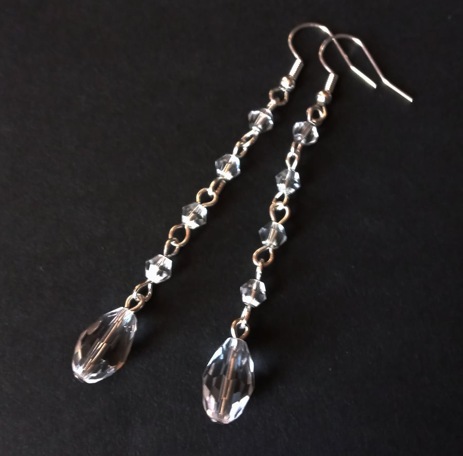 Long Dangling Clear Crystal Teardrop Earrings