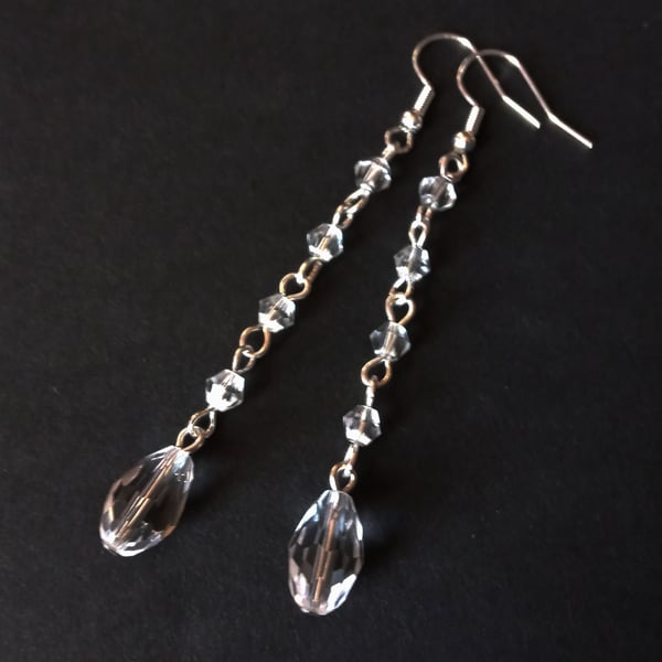 Long Dangling Clear Crystal Teardrop Earrings
