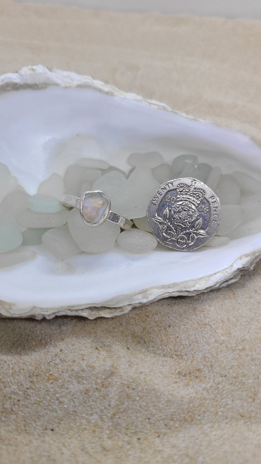 Iridescent white sea glass and silver hammered ring gift for her SG28