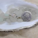 Iridescent white sea glass and silver hammered ring gift for her SG28