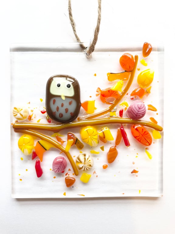 Fused Glass Owl Autumn Suncatcher Handmade Window Hanging Gift