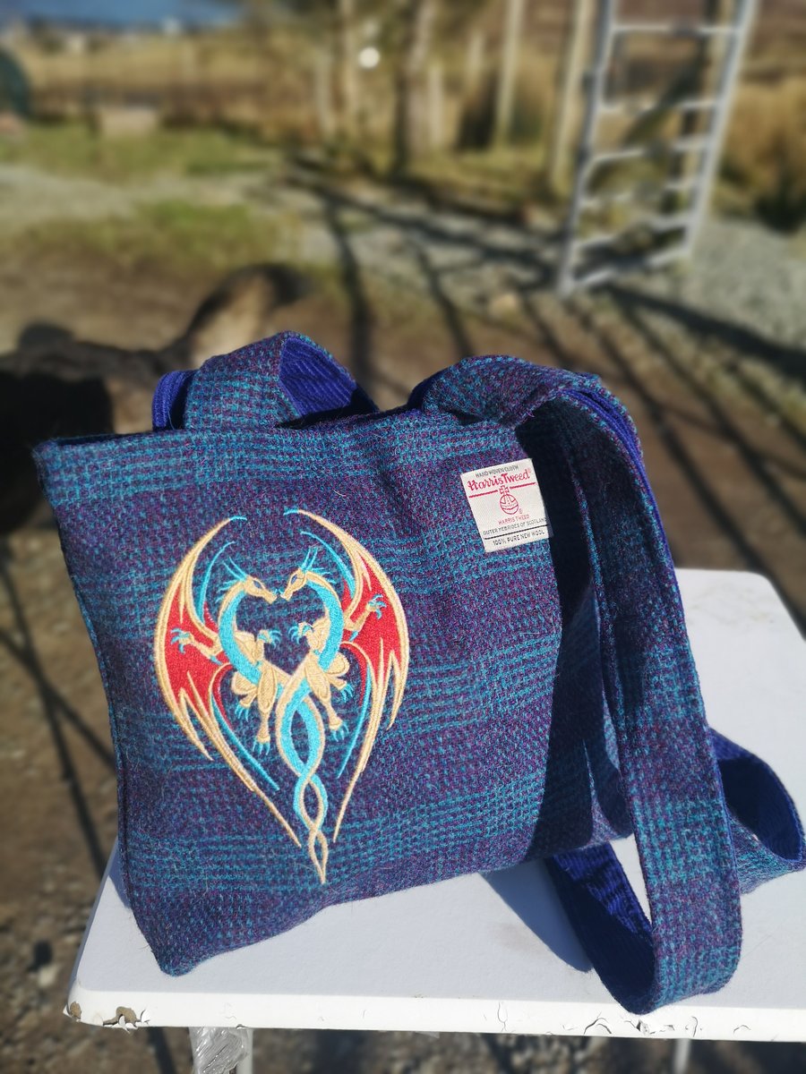 Harris Tweed with intertwined Dragons. Handmade on the beautiful Isle of Skye 