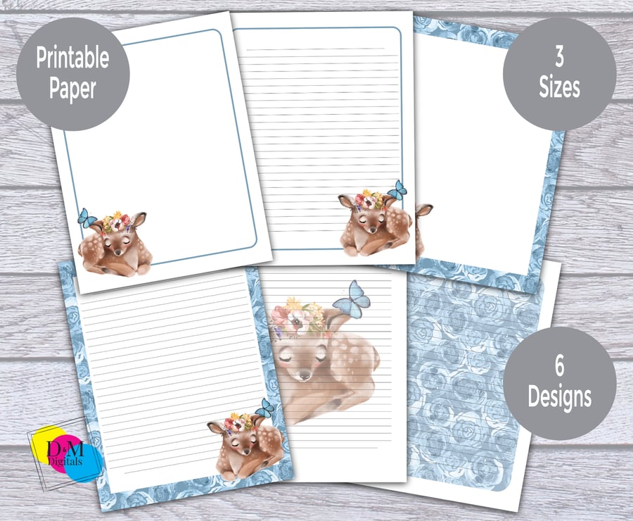 6 Baby Forest Deer Printable Letter Writing Papers for Kids, Lined and Unlined