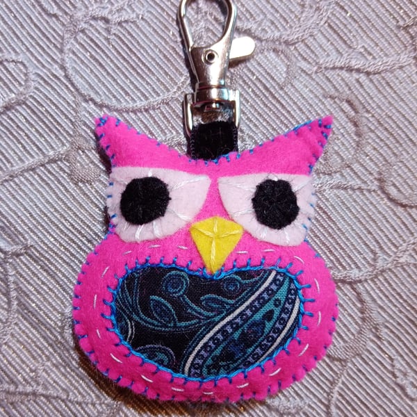 Shocking Pink Felt Owl Stuffy Bag Charm Keyring