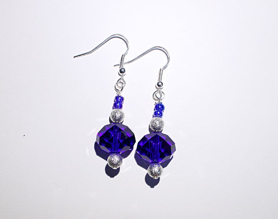 Dark blue faceted bead dangle earrings, blue and silver drop earrings