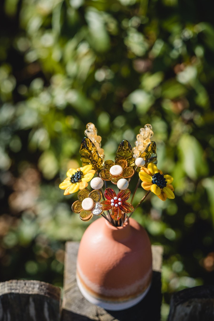 Autumnal Sunflower Bouquet in Terracotta Ceramic Vase - Glass Flower Bouquet - H
