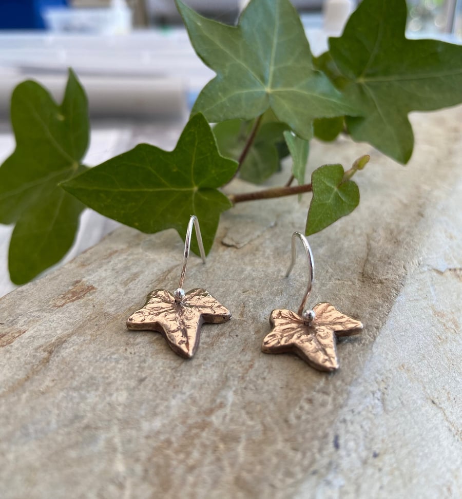 Handmade bronze ivy leaf drop earrings, sterling silver ear wires