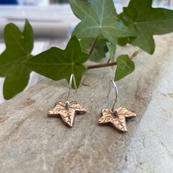 Handmade bronze ivy leaf drop earrings, sterling silver ear wires
