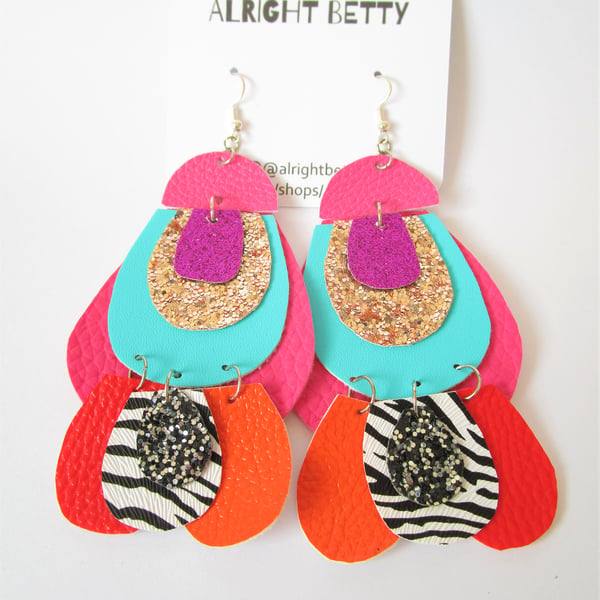 Pink Blue Orange Faux Leather Earrings - statement earrings - bright earrings