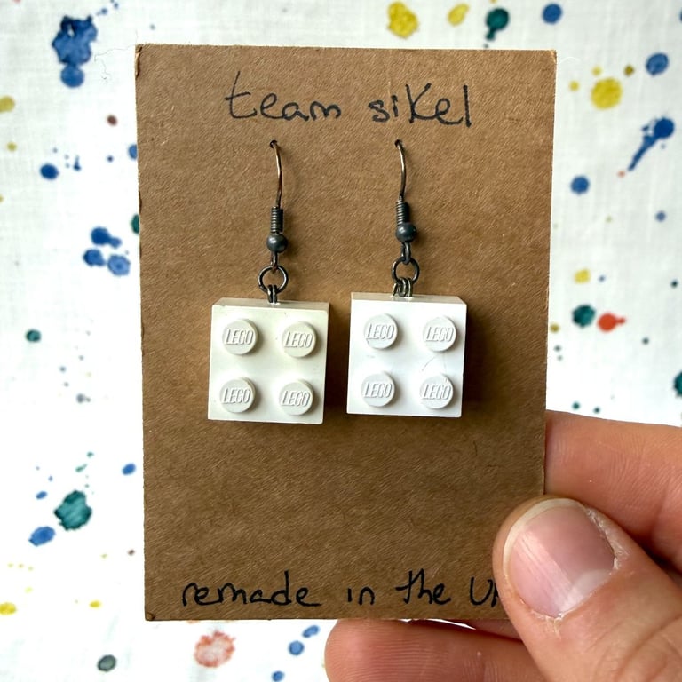 Upcycled White 2x2 Lego Earrings - Silver Plate Tarnished - Super Seconds