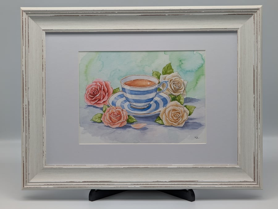 Afternoon Tea & Roses: Original Framed Watercolor Painting