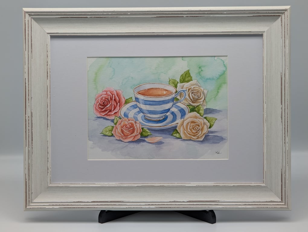Afternoon Tea & Roses: Original Framed Watercolor Painting
