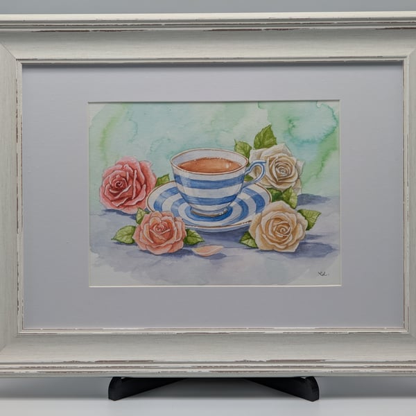 Afternoon Tea & Roses: Original Framed Watercolor Painting