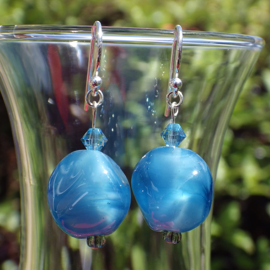 Smoky mid blue lampwork nugget bead earrings