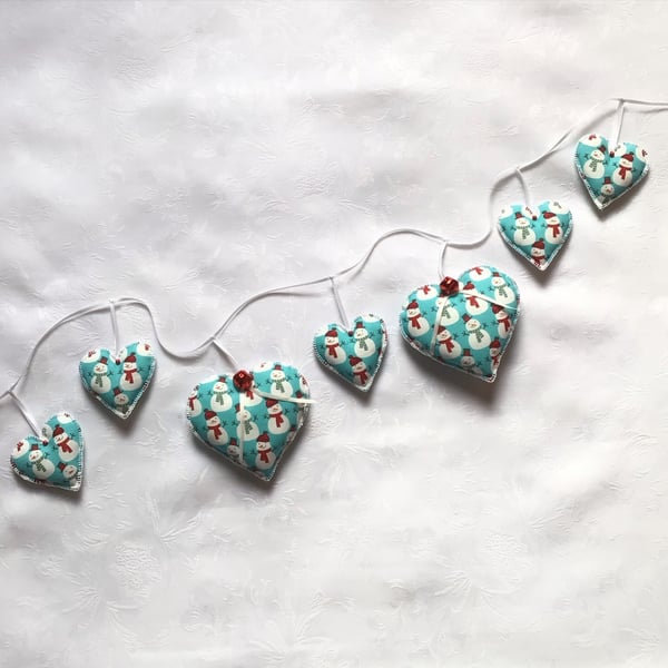 Christmas heart, garland, blue, snowmen, white, fireplace garland, bunting, 