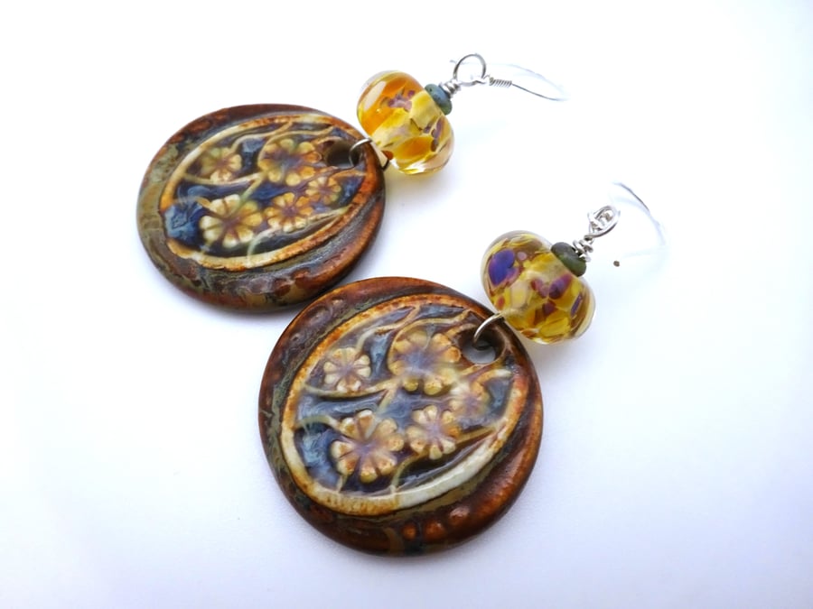 lampwork glass earrings, sterling silver and yellow ceramic jewellery