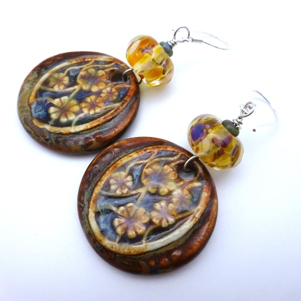 lampwork glass earrings, sterling silver and yellow ceramic jewellery