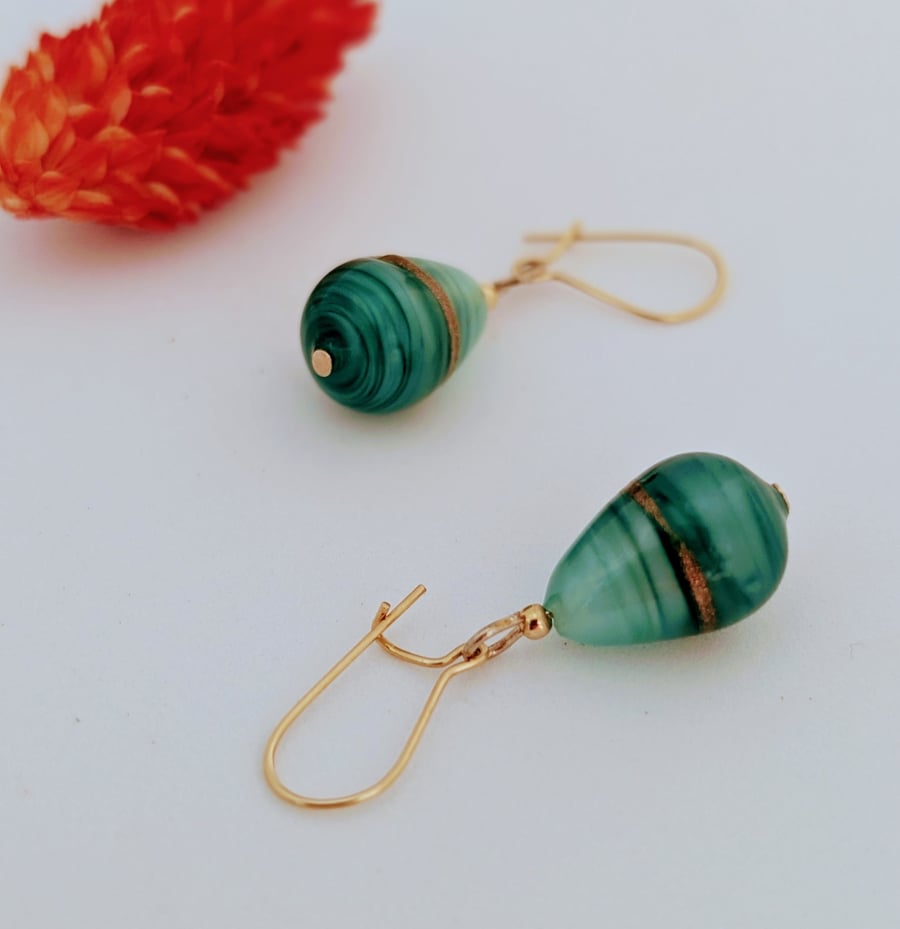 Mint Aquamarine Aventurine Murano Glass Earrings: Gold Filled Beads and Earwires