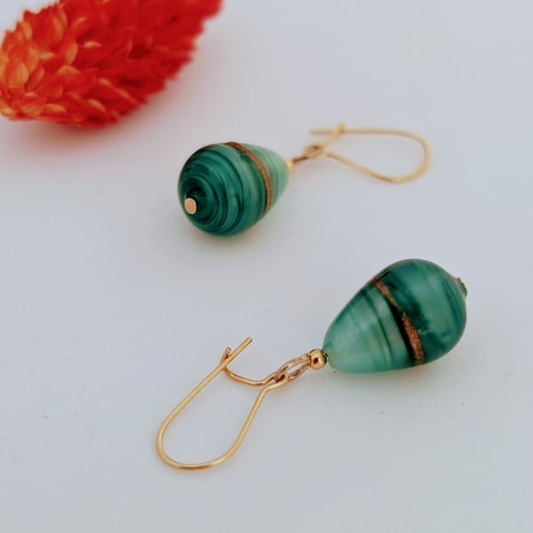 Mint Aquamarine Aventurine Murano Glass Earrings: Gold Filled Beads and Earwires