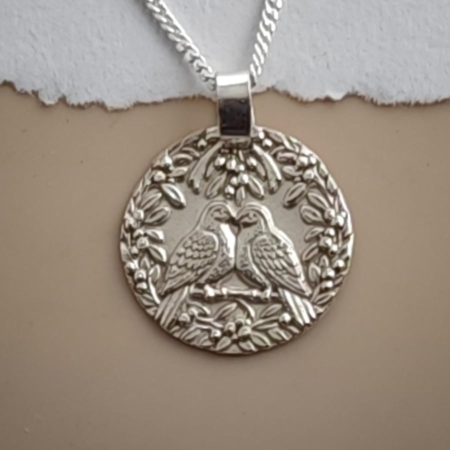 Two Turtle Doves Coin Necklace Deep Engraved Recycled Sterling Silver Christmas 