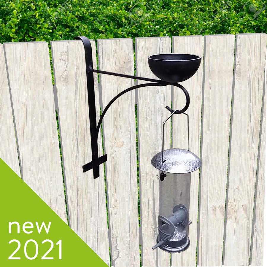 Fence hanging bird feeder bracket with bowl (bird feeder not included)