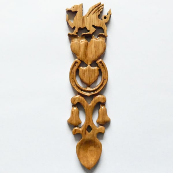 Traditional Welsh Handcarved Oak Welsh Dragon Love Spoon