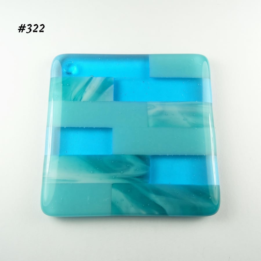 Blue turquoise block striped fused glass coaster, 9cm, handcrafted (322)