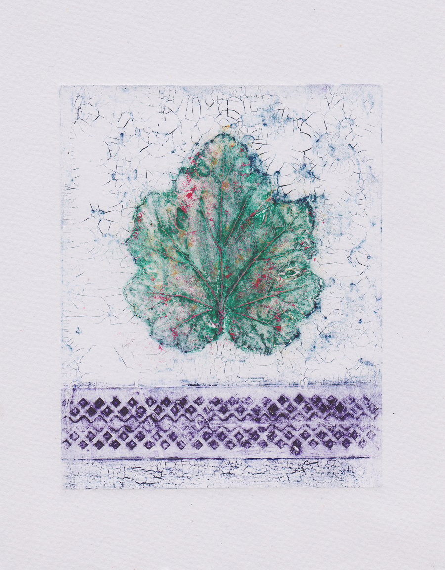Crackle Leaf Green One-Off Collagraph Print 