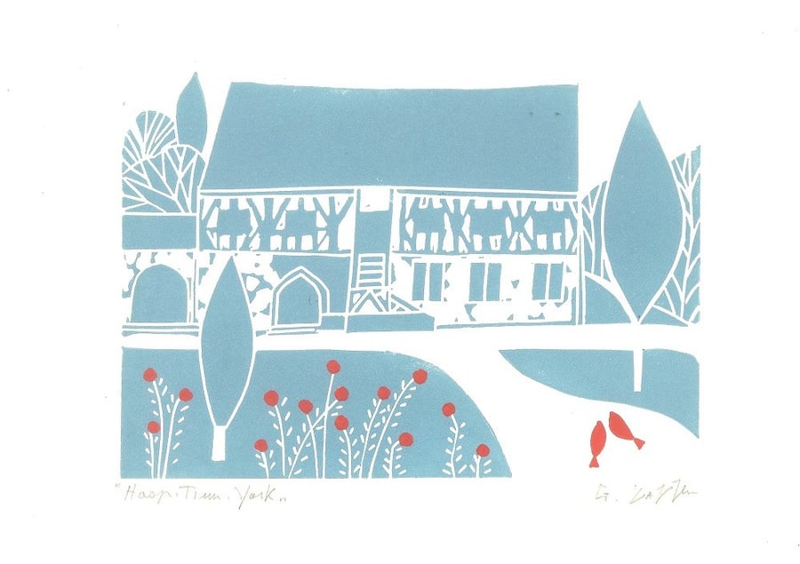 Hospitium York, Wedding venue, Lino Print. Original Linocut Teal and Red