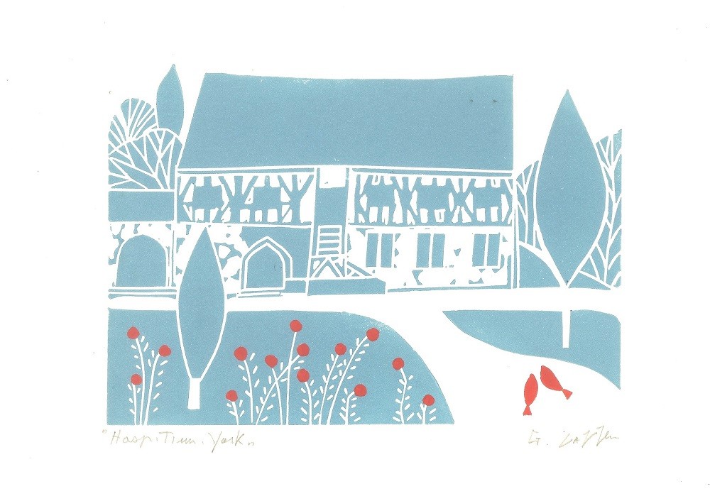 Hospitium York, Wedding venue, Lino Print. Original Linocut Teal and Red