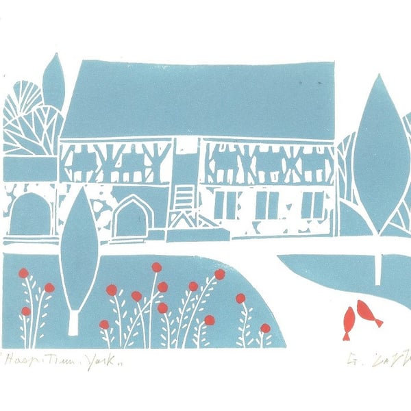 Hospitium York, Wedding venue, Lino Print. Original Linocut Teal and Red