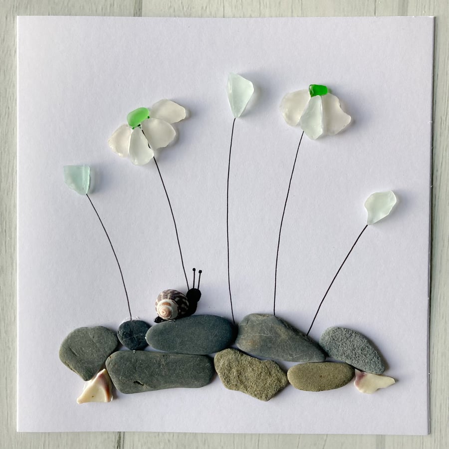 Cornwall sea glass and pebble floral design greetings card