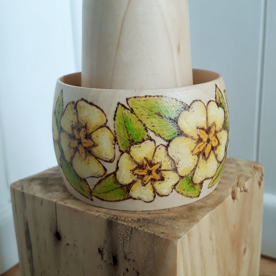 Pyrography primrose wooden bangle 