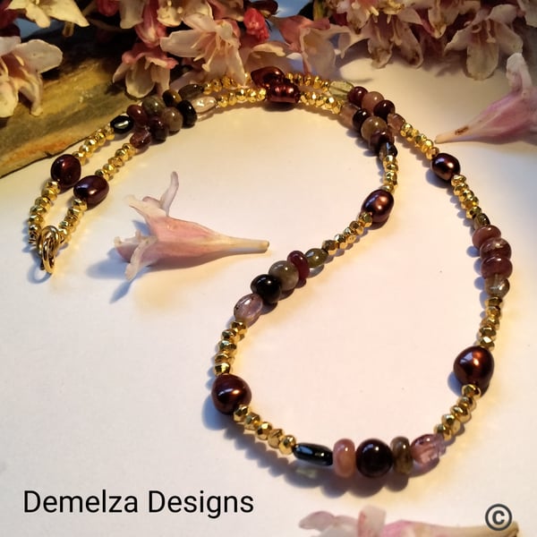 Gold Plated Pyrite, Tourmaline, Baroque Pearl Gold Pearl Vermeil Necklace