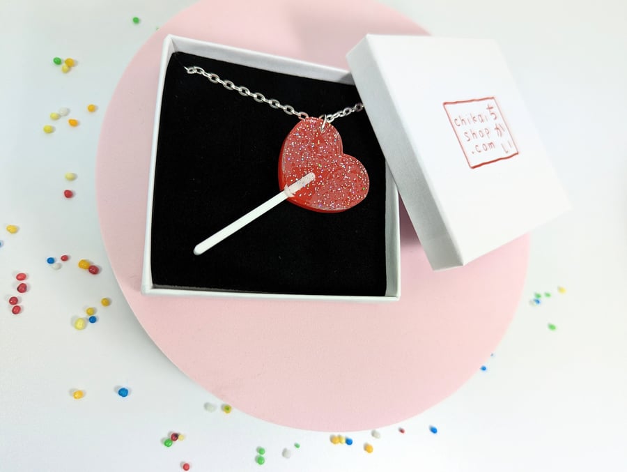 Lollipop heart necklace on acrylic with silver plated chain Glittery Heart
