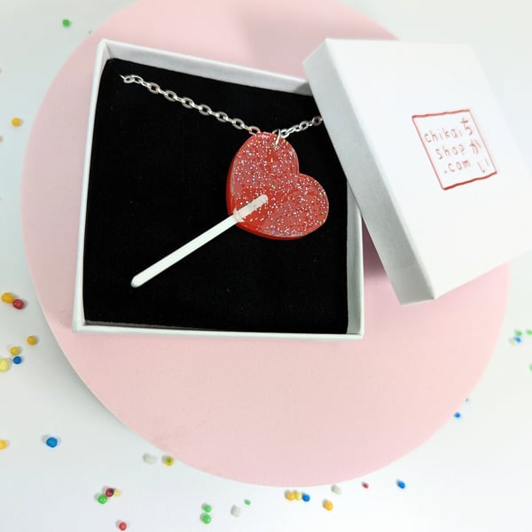 Lollipop heart necklace on acrylic with silver plated chain Glittery Heart