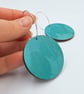 Turquoise large hand printed dangly disc wooden hoop earrings - Image 7