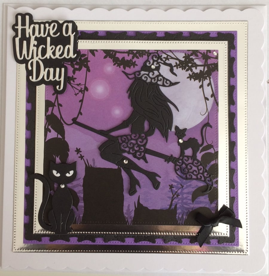 Pagan Halloween Card Have a Wicked Day Sexy Witch Cats 3D Luxury Purple 3