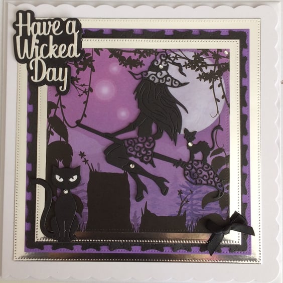 Pagan Halloween Card Have a Wicked Day Sexy Witch Cats 3D Luxury Purple 3