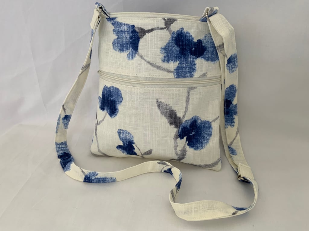 Cross Body Bag, Shoulder Bag, Hand Bag, Zipped Bag, Crossbody Bag, Blue Floral