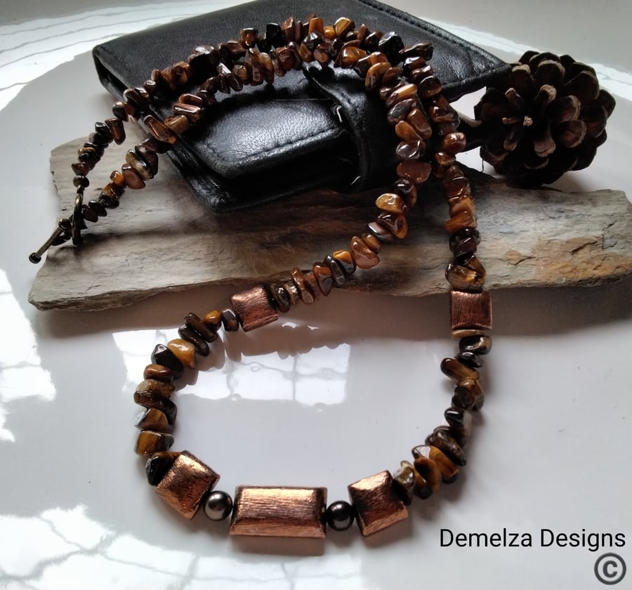 Mens Brown Tiges Eye, Pyrite & Copper Beaded Necklace 
