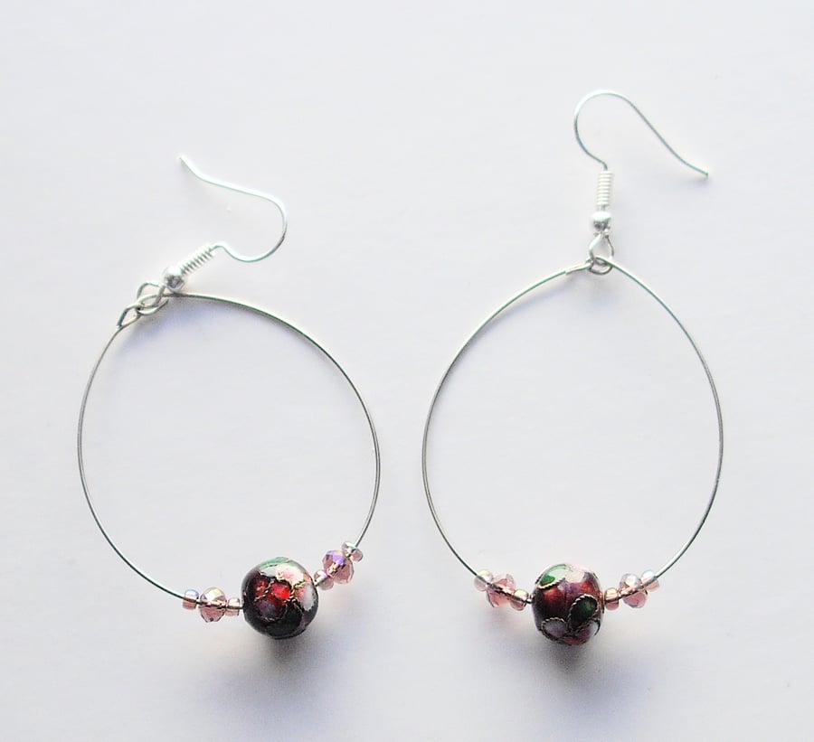 Cloisonne Bead Silver Plated Hoop Earrings - UK Free Post