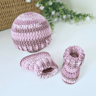 Crochet Baby Hat & Booties Set - Pink & Cream Variegated Yarn