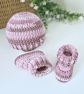 Crochet Baby Hat & Booties Set - Pink & Cream Variegated Yarn