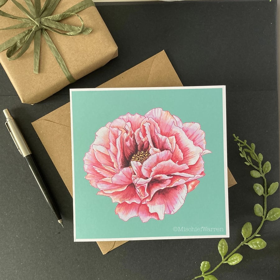 Peony card. Handmade blank floral card from my watercolour painting. Modern art.