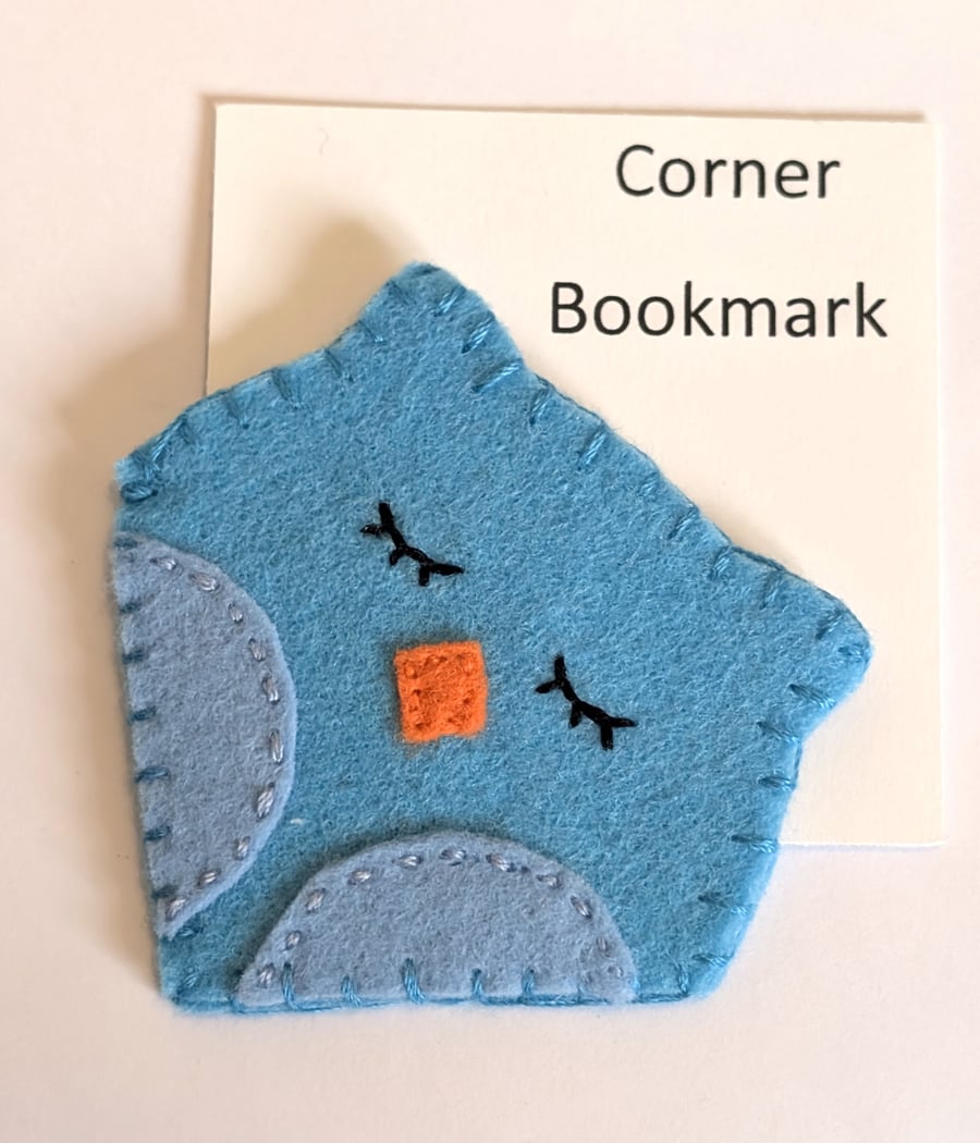 Handmade handsewn felt corner bookmark - blue owl