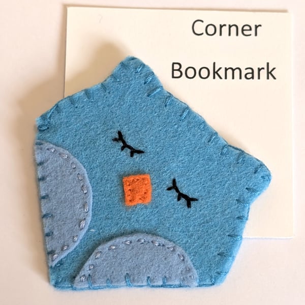 Handmade handsewn felt corner bookmark - blue owl