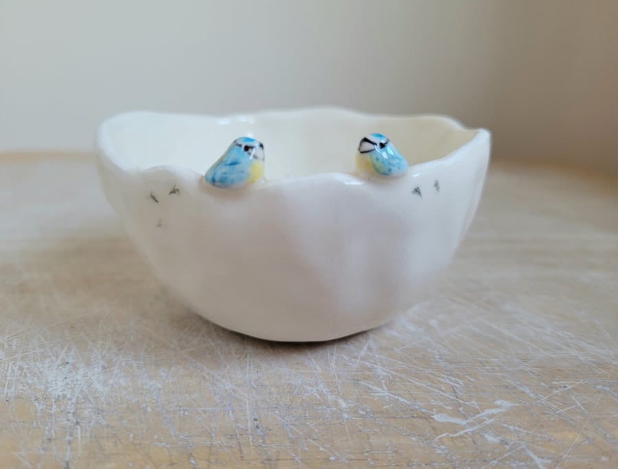Handmade bluetits tealight with birdprints, ceramic pottery bird Seconds Sunday 