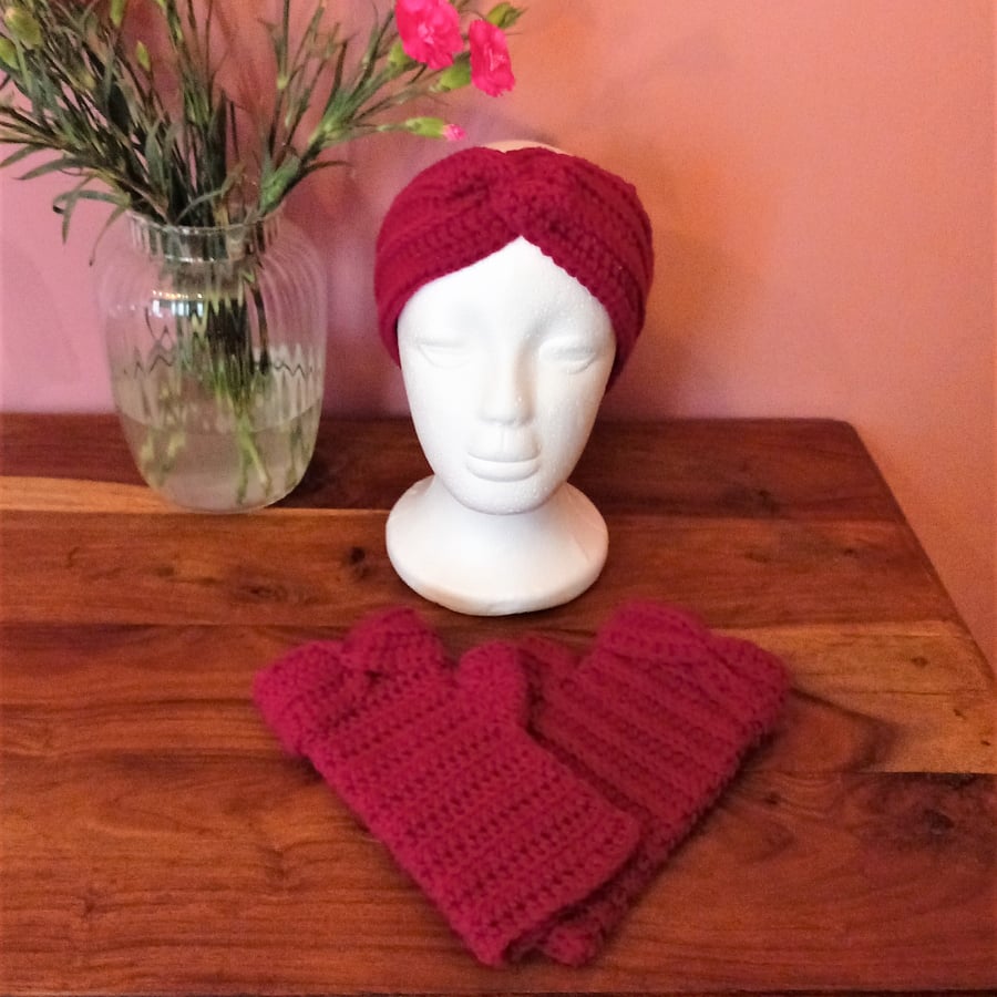 Stylish Red Twist Detail Ear Warmers and Fingerless Gloves Set
